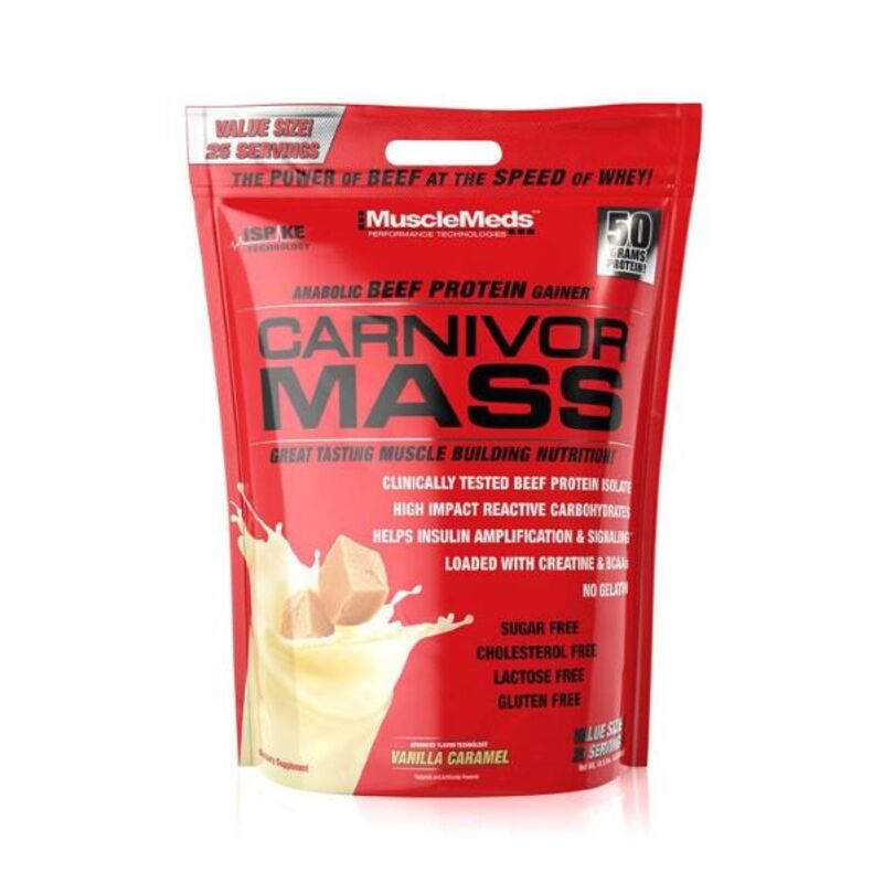 Musclemeds Carnivor Mass Anabolic Beef Protein Gainer - Lactose Free-Cholesterol Free-Sugar Free-Low Fat. 10.3lbs(4675g) Vanilla Caramel